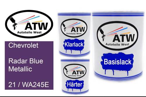 Chevrolet, Radar Blue Metallic, 21 / WA245E: 1L Lackdose + 1L Klarlack + 500ml Härter - Set, von ATW Autoteile West.